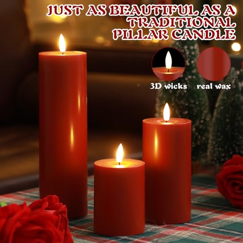 Image of Retisee 3 Pcs Fall Thanksgiving Large Flameless LED Battery Operated Candles with Remote Halloween Real Wax Candles for Indoor Outdoor Party Wedding Lights Decorations (Red)