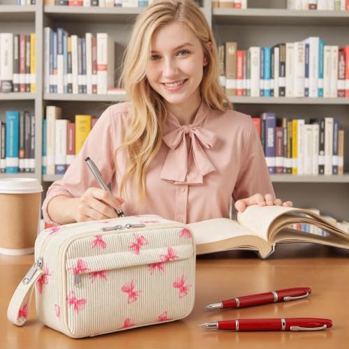 Image of WOBAGMEN Cute Pencil Case,Large Corduroy Zippered Pencil Case Pouch, aesthetic Pencil Bag with Compartments(Pink Bow Cute)