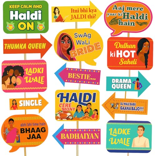 Image of Rozi Decoration Haldi Ceremony Photobooth Props Set of 15 Sticks for The Bride and Her Family, Pre-Wedding and Wedding Photographic Props Pack of 1