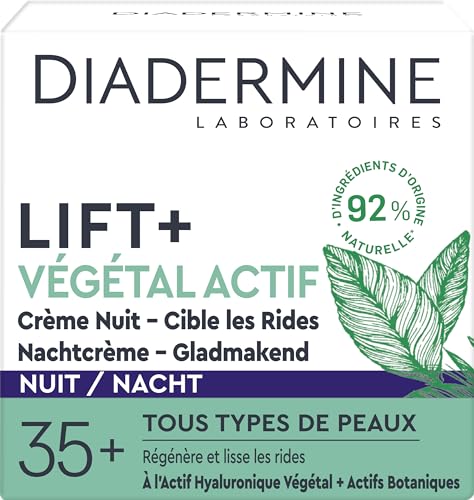 Diadermine - Lift+ Végétal Actif - Crème Visage de Nuit - Soin Anti-Rides Fermeté - Acide Hyaluronique Végétal et Actifs Botaniques - Régénère et...