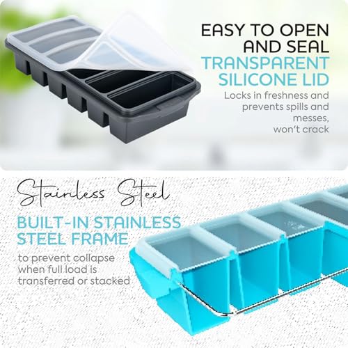 Image of 1 /2 Cup Silicone Freezer Tray With Lid - Silicone Freezer Molds 2-Pack For meal prep & freezing of various sauces and other dishes, makes 12 perfect 1 /2 cup portions cubes,oven and dishwasher safe