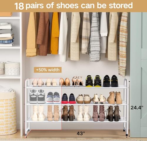 Image of KEETDY 3-Tier Long Shoe Rack for Closet Metal Shoe Organizer for Entryway, Wide Stackable Shoe Storage Shelf with Sturdy Wire Grid for Closet Floor, Bedroom, White