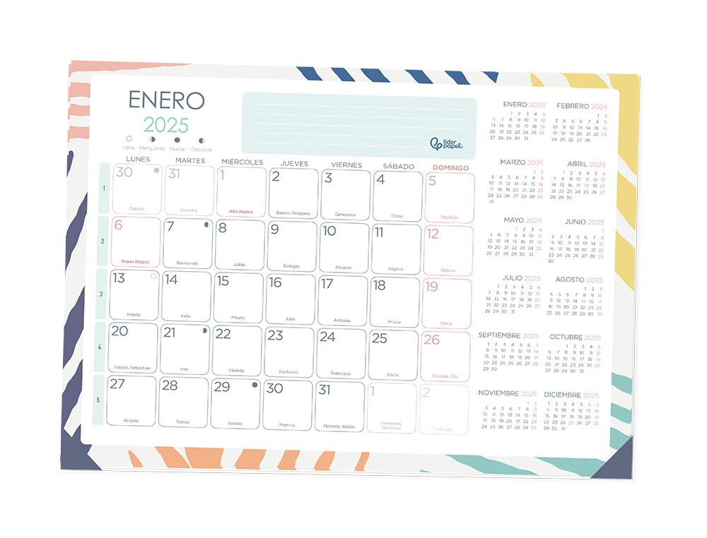 Planning mensual calendario liderpapel planificador joven 2025 44x32 cm con pegatinas lomo engomado papel 128 gr.