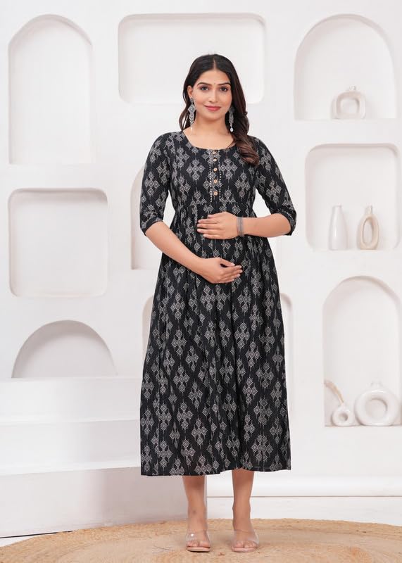 Image of Maternity Feeding Kurti with Zipper | Cotton Floral Printed Pregnancy & Nursing Dress | Comfortable & Stylish Maternity Wear for Women | Breastfeeding Kurta with Zipper | Soft & Elegant