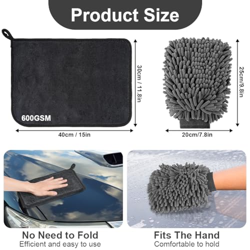 vsshe Juego de 5 Piezas para el Cuidado del automóvil con 3 paños de Microfibra para automóvil de 600 gsm y 2 Manoplas de Lavado de Microfibra, para automóvil y hogar(40x30cm) - imagen 2