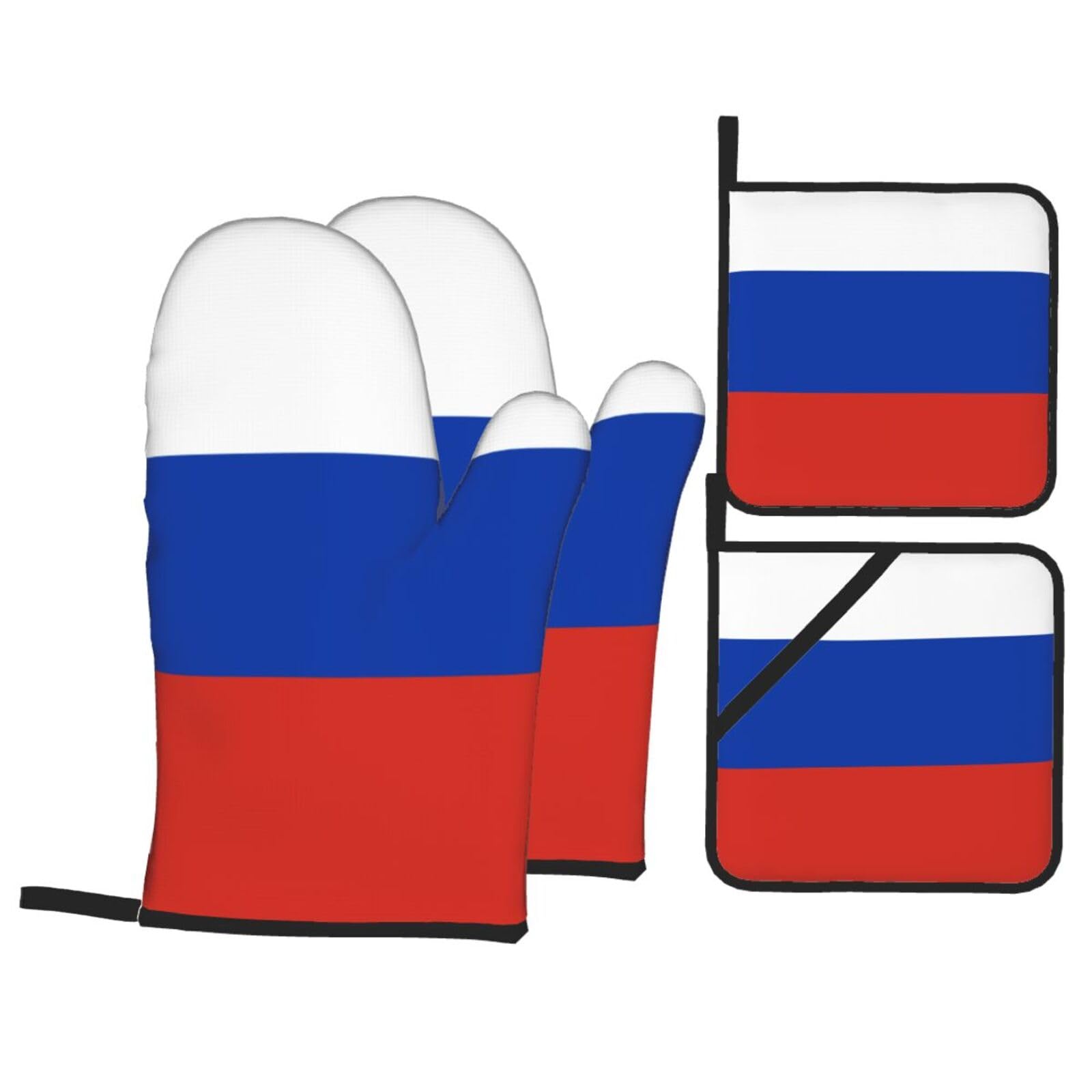 Nimongt Black Russian Flag Print Heat-Resistant 4-Piece Oven Kitchen Gloves For Baking Cooking Microwaving Essentials