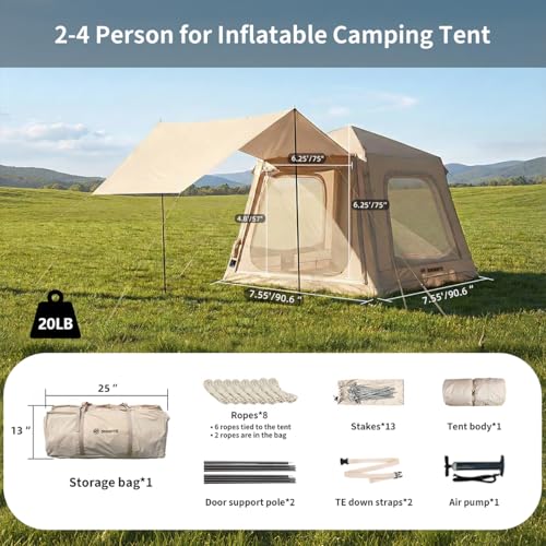Image of Inflatable Tents for Camping - Blow Up Tent with Awning and Pump, Easy Setup 4 Season Waterproof 420D Oxford Glamping Air Tents for Camping Adult 2 /3 /4 Person