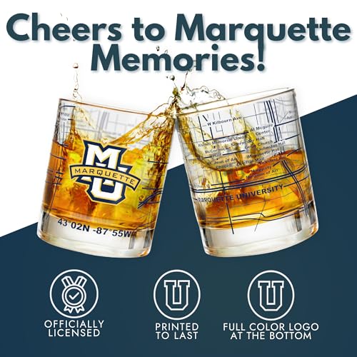 Image of Greenline Goods - University of Marquette Golden Eagles College Whiskey Glasses (Set of 2), 10 oz - Full-Color Logo + Campus Map