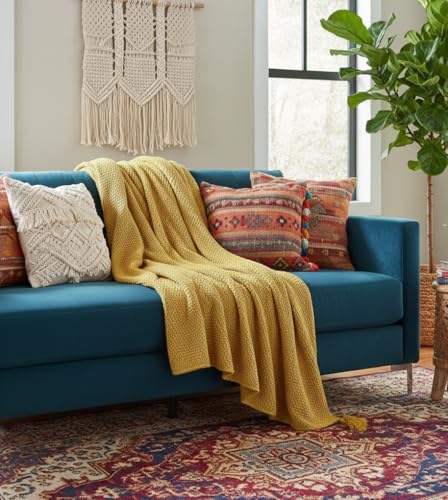 Image of Furnistitchs Plain Solid Knitted Sofa Throw Blanket 50x60 inches / 125x150 cms| Cotton Plain Knit with Tassels | Aesthetic Bohemian Decorative Couch Throws for Living Room & Bedroom (Mustard)