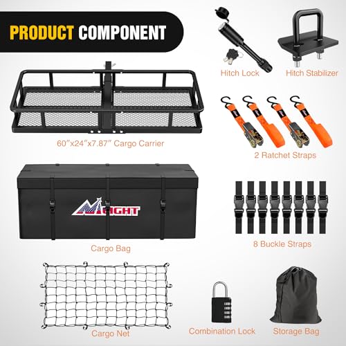 Image of Nilight 60 inch x 24 inchx 7.87 inch Folding Carrier Fits 2-Inch Receiver 500 Lbs Capacity Bag Net Ratchet Straps Lock Stabilizer for SUV Pickup RV Van
