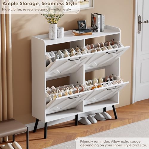 Image of Nicetree Shoe Cabinet with 4 Flip Drawers, Freestanding Shoe Organizer Cabinet with Metal Legs, Farmhouse Slim Shoe Rack Cabinet for Entryway, Foyer, Hallway, White