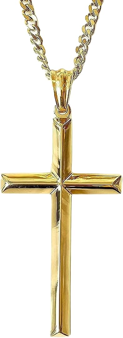 24K Gold Chain Style Cross Pendant Necklace Solid plated Clasp for Men,Women,Teens Thin Charms Miami Cuban Link Diamond Cut Religious Beveled Edge