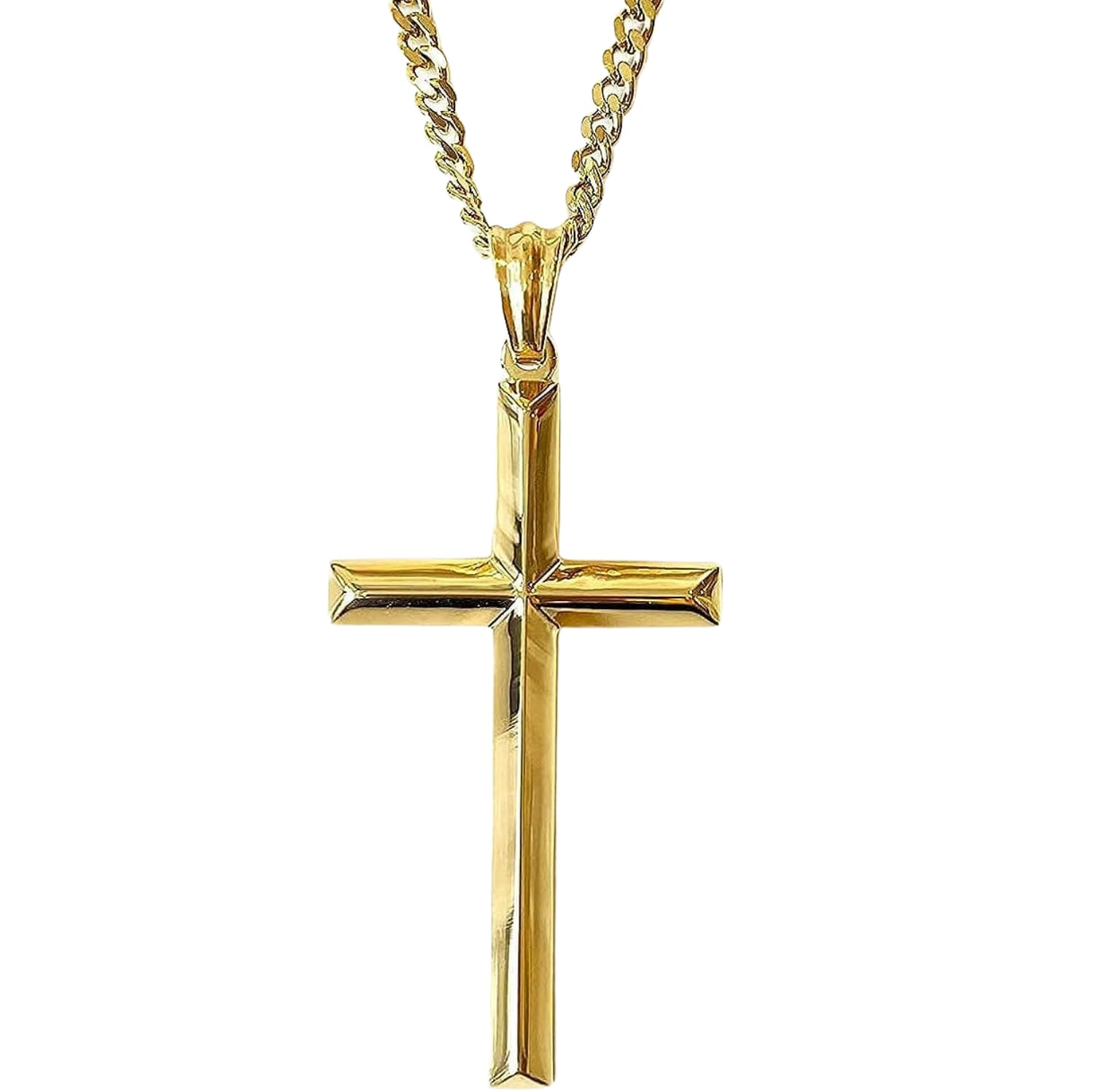 24K Gold Chain Style Cross Pendant Necklace Solid plated Clasp for Men,Women,Teens Thin Charms Miami Cuban Link Diamond Cut Religious Beveled Edge