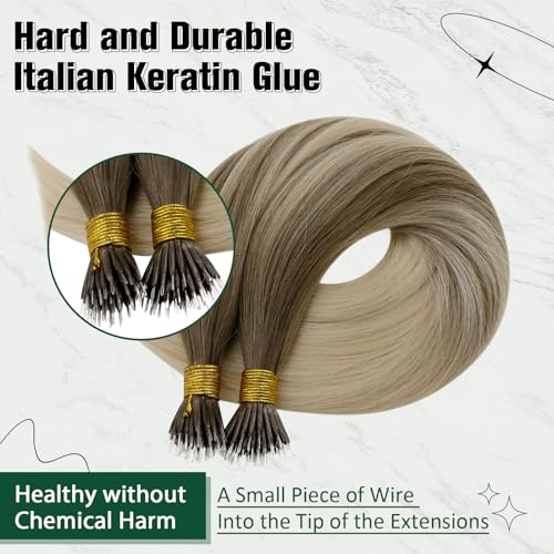 RUNATURE Nano Hair Extensions Real Human Hair Blonde Balayage Nano Beads Hair Extensions Blonde Ombre Invisible Ring Straight Remy Hair 12 Inch #BA8/60 - Image 4