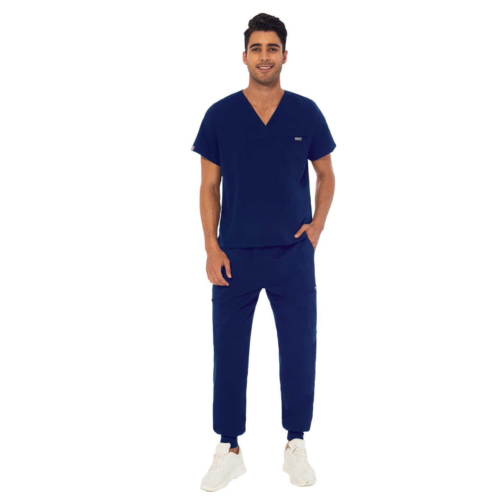 VIAOLI Athletic Scrub Set for Men V-Neck Scrub Top & Yoga Jogger Scrub Pants with 8 Pockets Medical Nursing Working Uniform (Navy Blue, S)