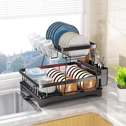 Image of YHK Dish Drying Rack, Rustproof Dish Racks for Kitchen Counter with Removable Utensil Holder,Knife Slots and Cups Holder,Large Capacity Drying Rack for Storage Plates Bowls Cups Utensil (RK-281)