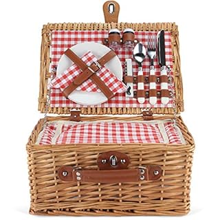 ZORMY Wicker Picnic Basket for 2 Person, Willow Hamper Basket Sets with Insulated Compartment, Handmade 2 Person Picnic Basket Classical Red Check with Utensils Cutlery Perfect for Picnic, Camping