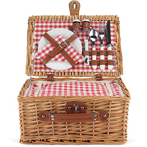 Wicker Picnic Basket for 2, Willow Hamper Basket Sets with Insulated Compartment, Handmade 2 Person Picnic Basket with Utensils Cutlery Perfect for Picnic, Camping (Red)