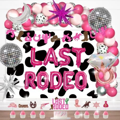 104 PCs Last Rodeo Bachelorette Party Decorations, Fiesec Nashville Cowgirl Western Bachelorette Bridal Shower Backdrop Balloon Garland Glitter Banner 4D Disco Ring Moon Star Cow Print Pink Silver