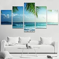5 Panel Canvas Wall Art Sunset on Seychelles Beach with Palm Leaf Pictures Modern Artwork for Home Decorations Ready to Hang - 60