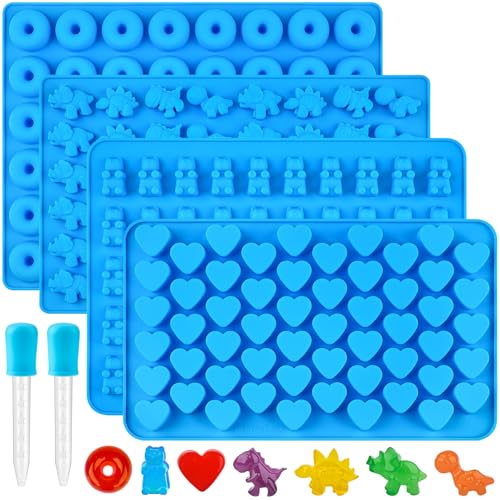 Image of Puyeipt 4 PCS Silicone Gummy Candy Molds, 201 Cavities Non-Stick Mini Size Gummy Bear, Dinosaur, Heart and Donut Molds with 2 Droppers for Small Hard Candies, Jello, Chocolates