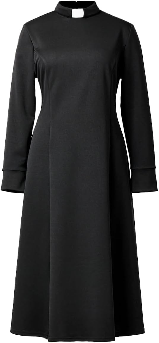 CAMDOM Church Clergy Dress for Women Minister Spring/Autumn Long Sleeve Loose Elegant Dress with Tab Insert Stand Collar