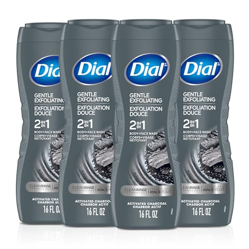 Dial Men 2 in 1 Body and Face Wash, Activated Charcoal, 16 Fl Oz, Pack of 4, Gentle Exfoliating Body Wash with Clean Rinse Technology