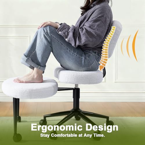 Image of VITESSE Cross-Legged Ergonomic Chair 360 Swivel with Wheels, Adjustable Meditation Seat for ADHD, Lumbar Support, Teddy Fabric Home Office Chair,White