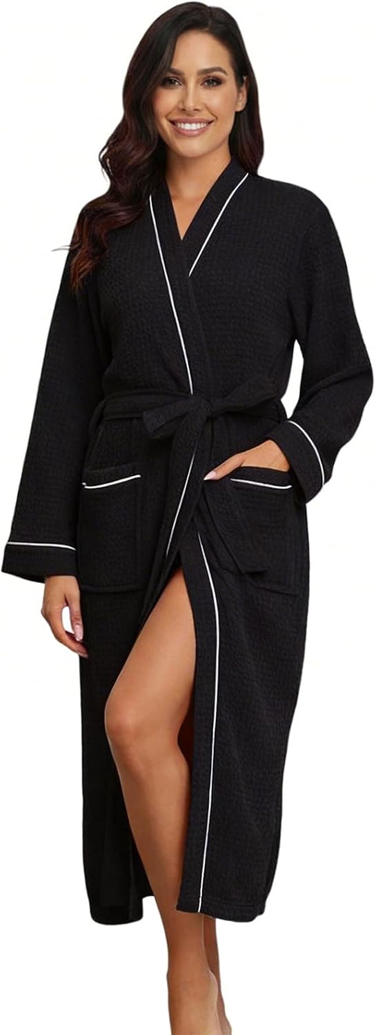 RONGTAI Womens Waffle Robe Waffle Long Sleeve Bathrobe with Belted and Pockets Lightweight Housecoat S-XXL
