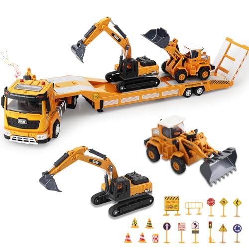 UCAMP Camião transportador carro de brinquedo com luzes e sons para crianças 3 4 5 6 7 anos, 1:40 brinquedo veículos de construção com escavadora Bulldozer, brinquedos presente de aniversário Natal