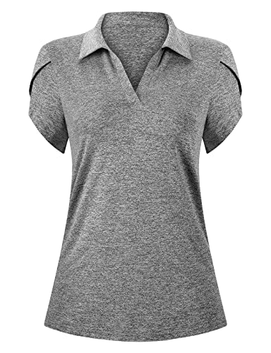 Luranee Ladies Golf Shirts,Moisture Wicking Shirts For Women V Neck Polo Golf Clothes Petal Short Sleeve Workout Tops Sun Protection Sun Shirt Quick Dry Summer Tennis Grey M #TOP5