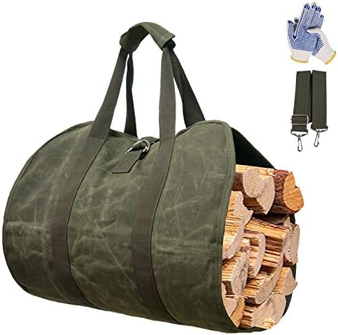 Gialer Firewood Carrier, Heavy Duty Canvas Bag, Large Log waxed carrier Tote Bags Fireplace logs Wood Stove Accessories, Campfire chimenea, Wood Bucket Holder Indoor rack, Outdoor Camping Canvas Bags