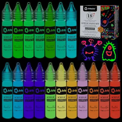 Artecho Glow in the Dark Paint 18 Colors, 11 ml / 0.37 oz Acrylic Paint for Decoration, Supplies for Canvas, Rock, Wood