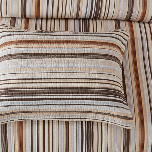 Image of Chezmoi Collection Avery Striped Cotton Quilt Set Queen Size, 3-Piece Soft Pre-Washed 100% Cotton Quilt, Multi-Color Brown