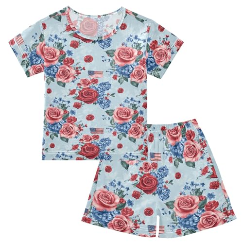 Independence Day Rose American Flag Pajama Set Pajamas Sleepwear Nightwear Loungewear Clothes Set B04047923