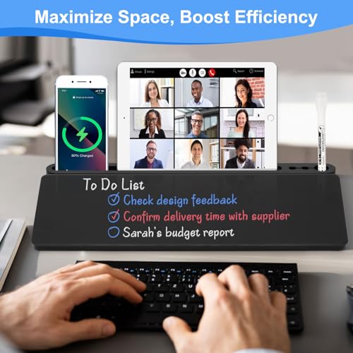 Desktop Glass Whiteboard with Storage, Desk Board with Computer Keyboard Stand, White Dry Erase Board with Drawers for Home, School, Office Desk Organizers and Accessories – Black