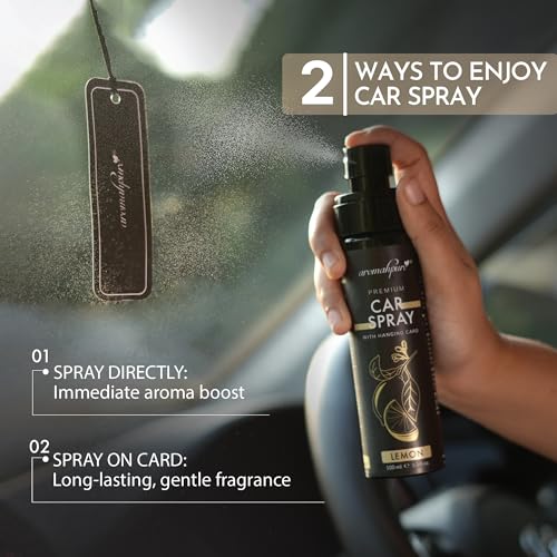 Image of Aromahpure Lemon Car Perfume Spray with Hanging Card | 100ml | Long Lasting 800+ Sprays Car Fresheners | IFRA-Compliant Fragrance and Travel Friendly Car Air Freshener| CFC Free &Fast Acting Formula