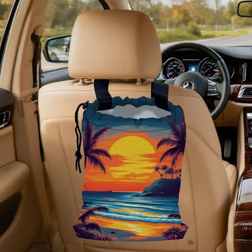 Image of Beach Sunset Car Garbage Bag,Coconut Trees Small Car Trash Bag Hanging,Drawstring Car Garbage Bag with Adjustable Buckle for Car Back Seat,SUVs,Camping,Road Trips