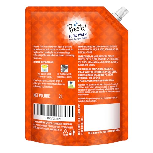 Image of Amazon Brand - Presto! Total Wash Matic Detergent Liquid | 2 Litre | Removes Tough Stains | Gentle On Clothes | Refreshing Fragrance | Liquid Detergent For Washing Machine & Hand Wash