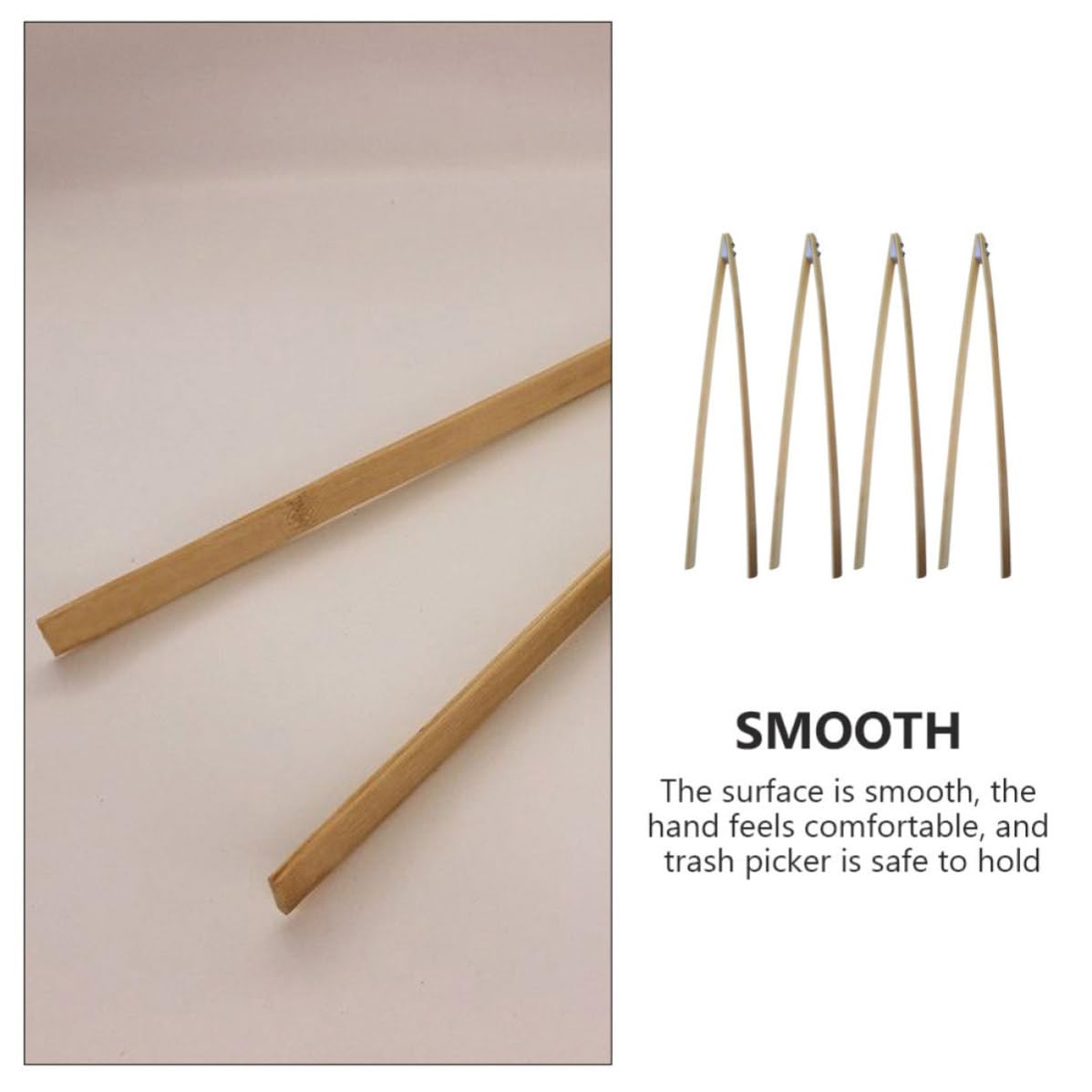 Lot de 4 Pinces Poubelle en Bambou Beige, Outil de Ramassage de Déchets, Augmente la Friction, pour Ranger en Hauteur et Collecter les Ordures