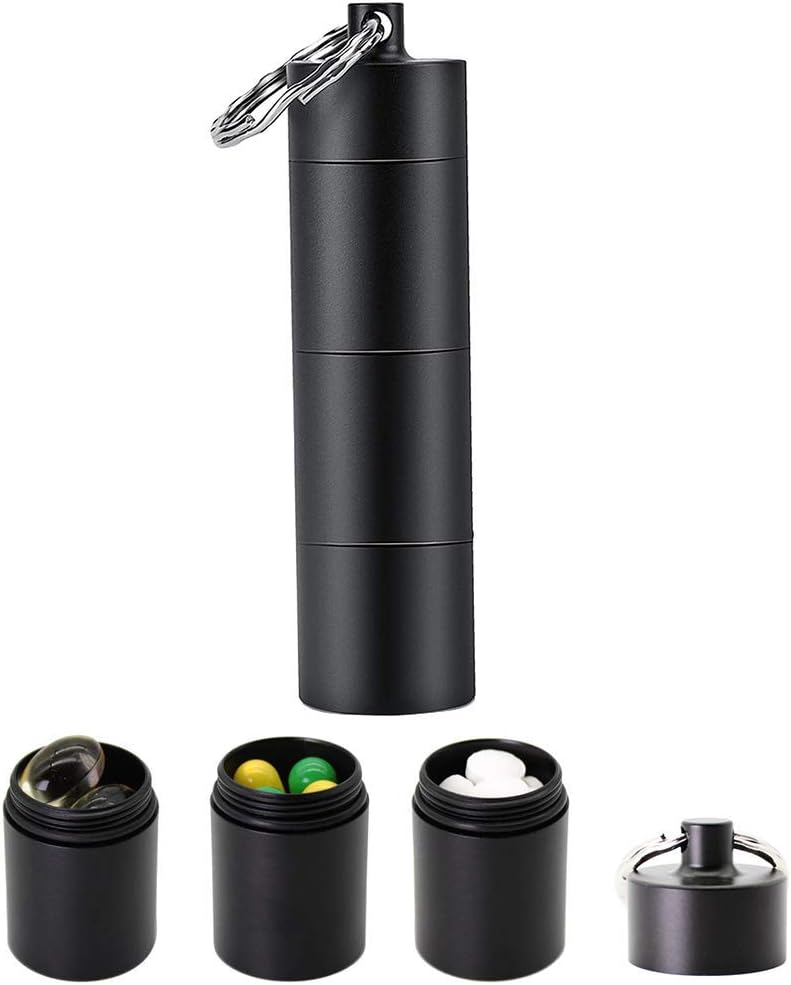 Portable Pill Case Keychain, 3 Compartment Pure Metal Waterproof Sealed Pill Boxes and Organizer for Purse Outdoor Travel Camping First Aid Daily Pill Bottle Container (Black)