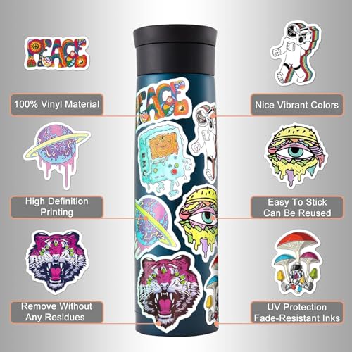 Baslaky Trippy Stickers - 100pcs, Psychedelic Vinyl Waterproof Decals for Adults, Cool Hippie Decor for Laptops, Water Bottles, Skateboards, Cars
