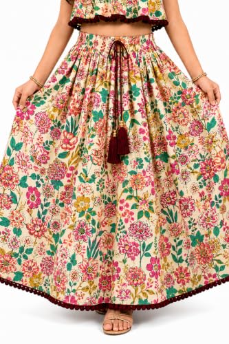 Image of Girls Floral Printed Crop Top and Lehenga Skirt Set