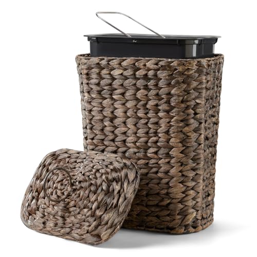 Image of Tidita 3 Gallon Large Wicker Trash Can with Lid, Boho Bathroom Garbage Can | Water Hyacinth Construction, Space-Saving Shape, Reinforced Inner Iron Frame, Removable Liner For Easy Emptying, Black Color