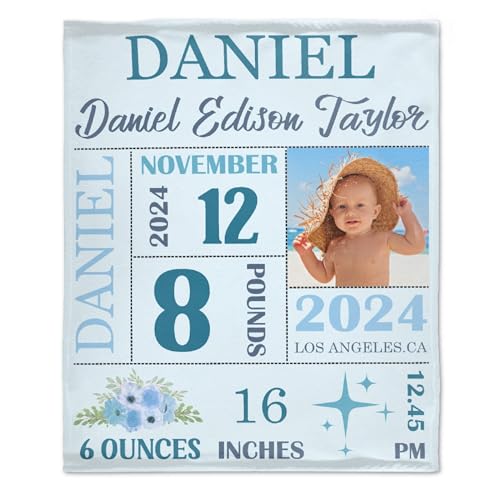 Personalized Baby Blanket with Birth Information for Boys and Girls, Customized Name Blanket from Baby's Name Birth Time Date, Gift for New Mom Dad Granddaughter Grandson - 50