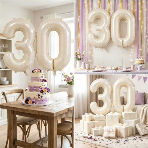 Image of Number Balloons for Birthday Decorations - 40 Inch Large Party Balloons 30, Cream Foil Number Balloons for Boys Girls, Balloons for Party Supplies