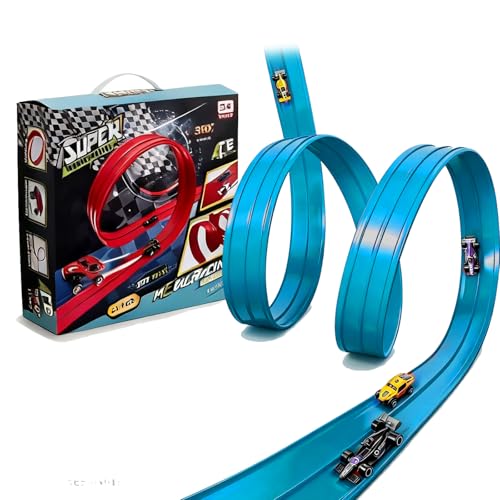 Balakaka Circuit Voiture Flexible 4m, Circuit Automobile DIY avec 4 Voitures pour Les Rampes de Saut, Piste de Voitures Enroulable avec Ventouses Cadeaux pour Enfants 3+
