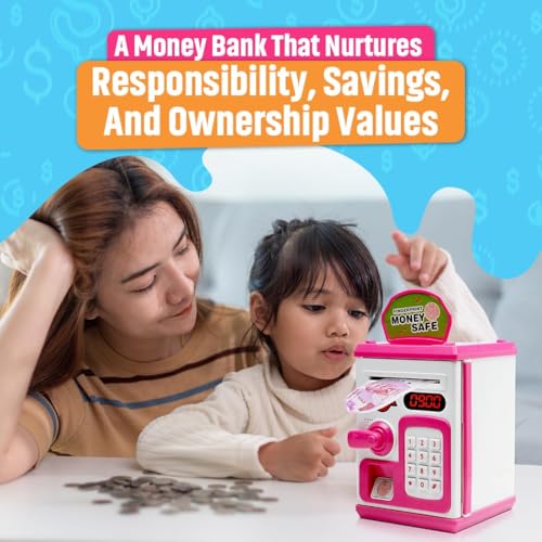Image of Piggy Bank Toy for Kids and Adults - Gullak Money Safe with Number Password and Touch Sensor - Money Saving Mini ATM Toy with Lights and Sound (Pink -White)