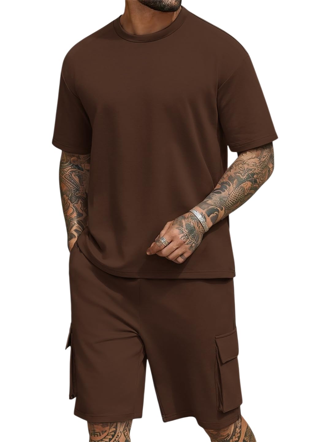 tysort Men's TShirt and Shorts Set 2 Piece Fashion Summer Tracksuit Cotton Oversized T-Shirts Cargo Shorts Cord set,Cord set for men-picture-54