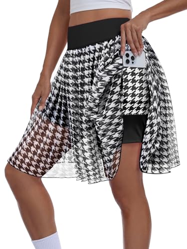 Athletic Pockets Waisted Workout Skorts：Womens Mesh Tennis Skort with High Waist and Built-in Shorts 20" for Golf Casual Black 2XL